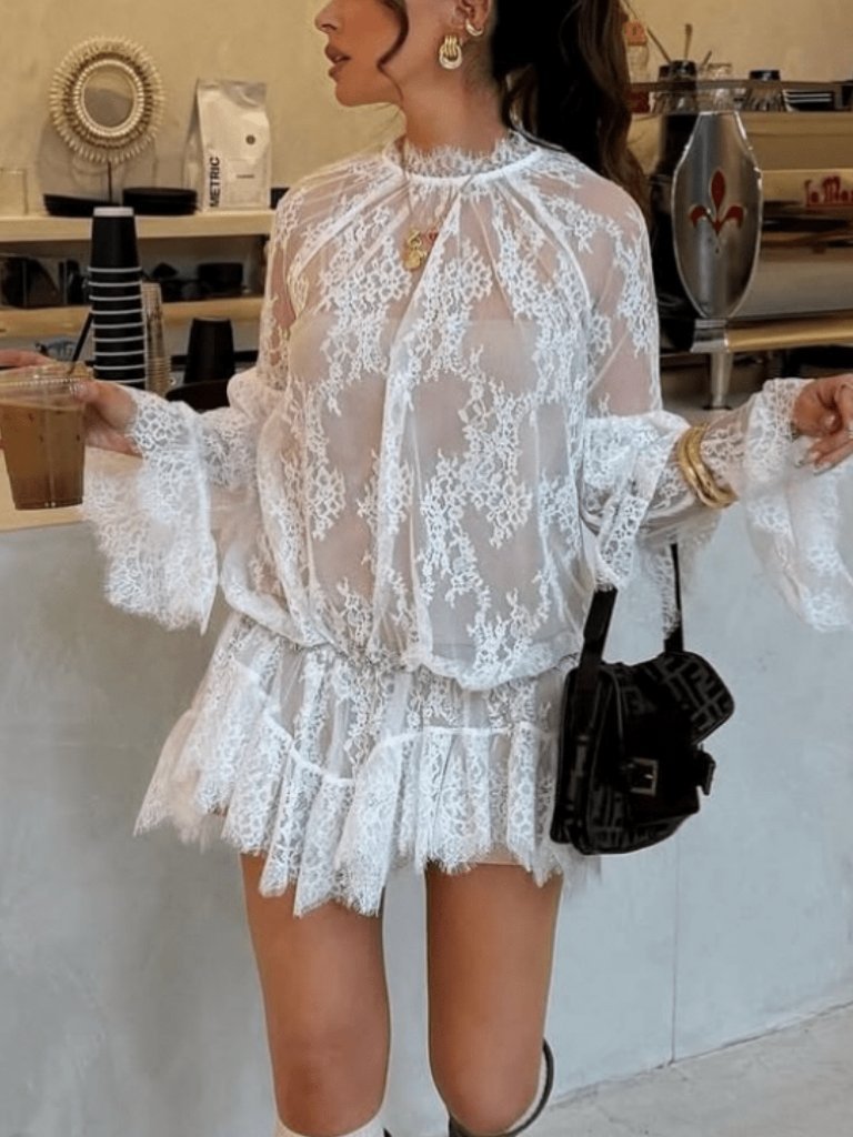 White Lace Mini Y2k Boho Women's Long Sleeve Mock Neck Sheer Mesh Mini Dress